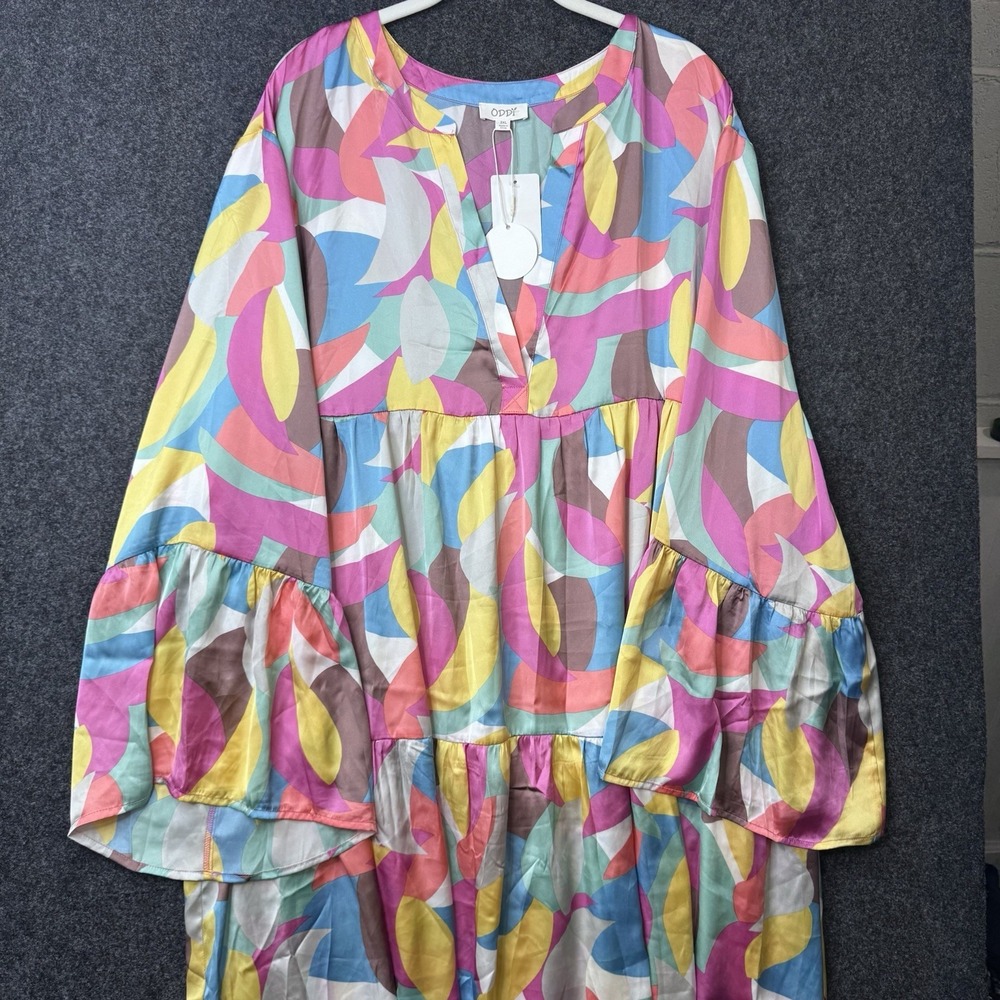 Oddi Womens 3XL Colorful Abstract Tiered Babydoll Dress Bell Sleeve NWT Plus